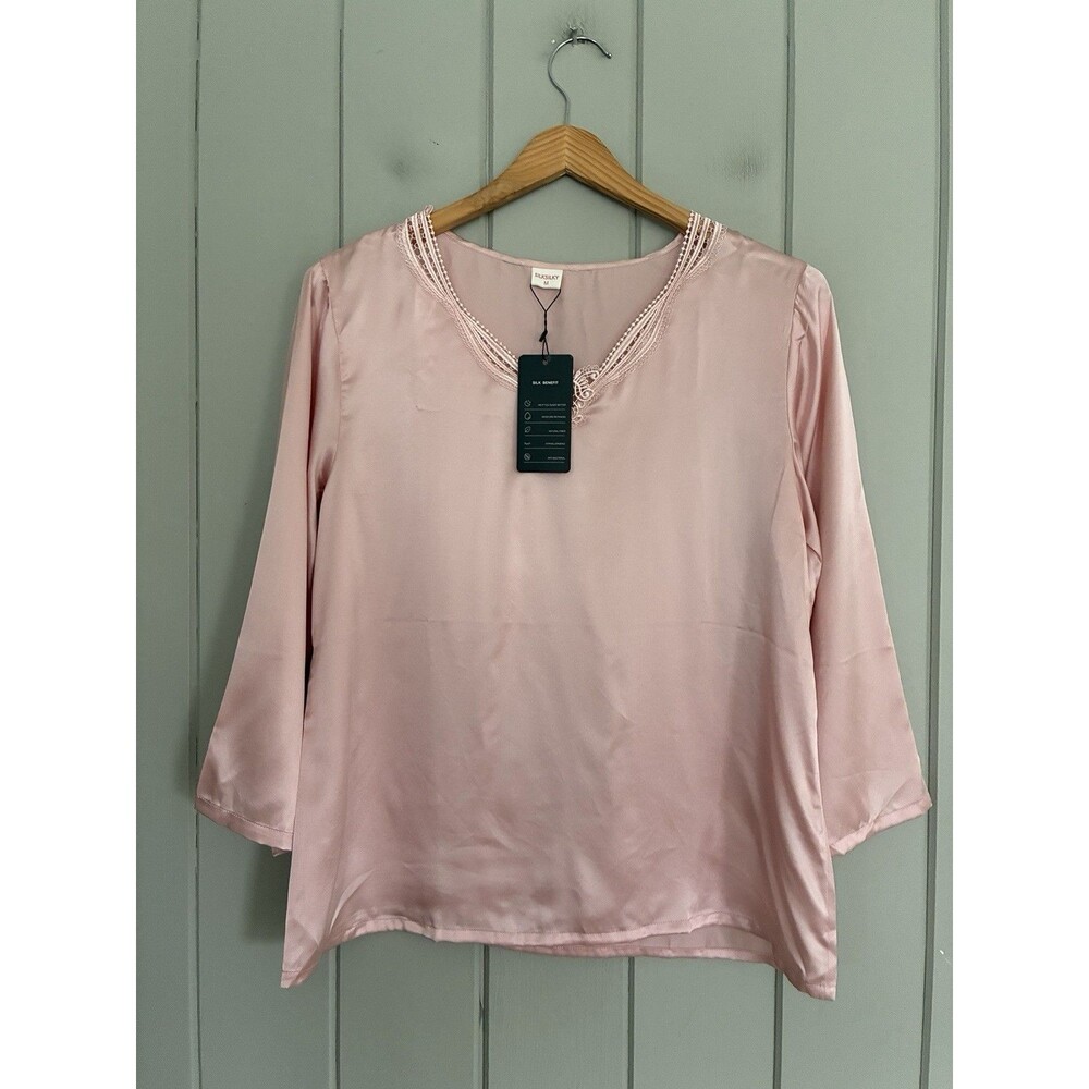 NWT Silksilky Pink Satin Pajama Top M Medium Soft Pink Embroidered 3/4 NEW